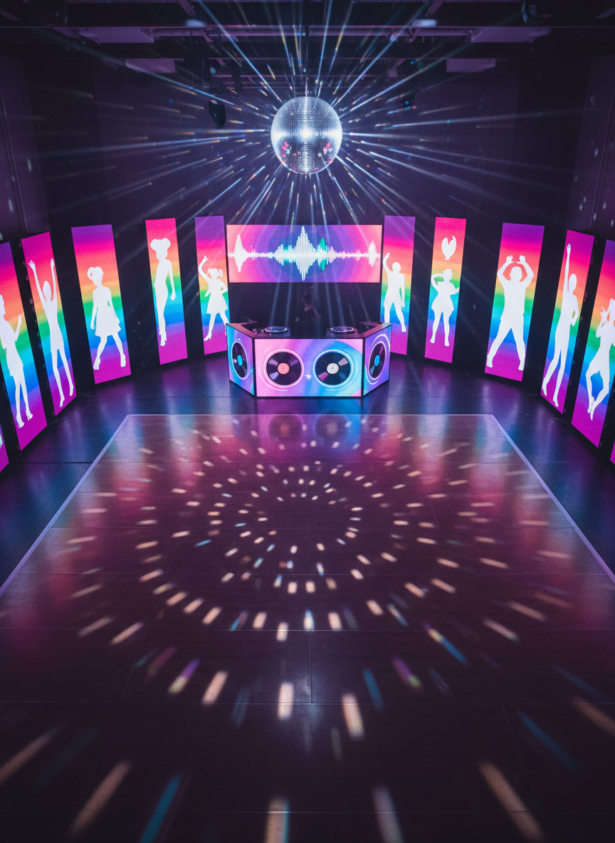 An energetic RainbowCon dance party environment captured in photographic realism, with a spacious, glossy dance floor reflecting pulsating neon lights in pink, purple, and electric blue. At the far end, a DJ booth shaped like a futuristic prism glows from within, stacked with abstract soundwave graphics and spinning vinyl records. Surrounding walls are covered in towering LED panels showing silhouettes of dancers, drag performers, and pop icons, all rendered as bold, faceless outlines in shifting rainbow gradients. Overhead, a mirrored disco sphere explodes light shards across the room, creating dynamic highlights and sharp, rhythmic shadows. Shot from a slightly elevated, wide-angle perspective, the composition emphasizes swirling light patterns and the sense of crowd movement represented by blurred, colorful shapes, evoking community, joy, and live entertainment without depicting recognizable people.