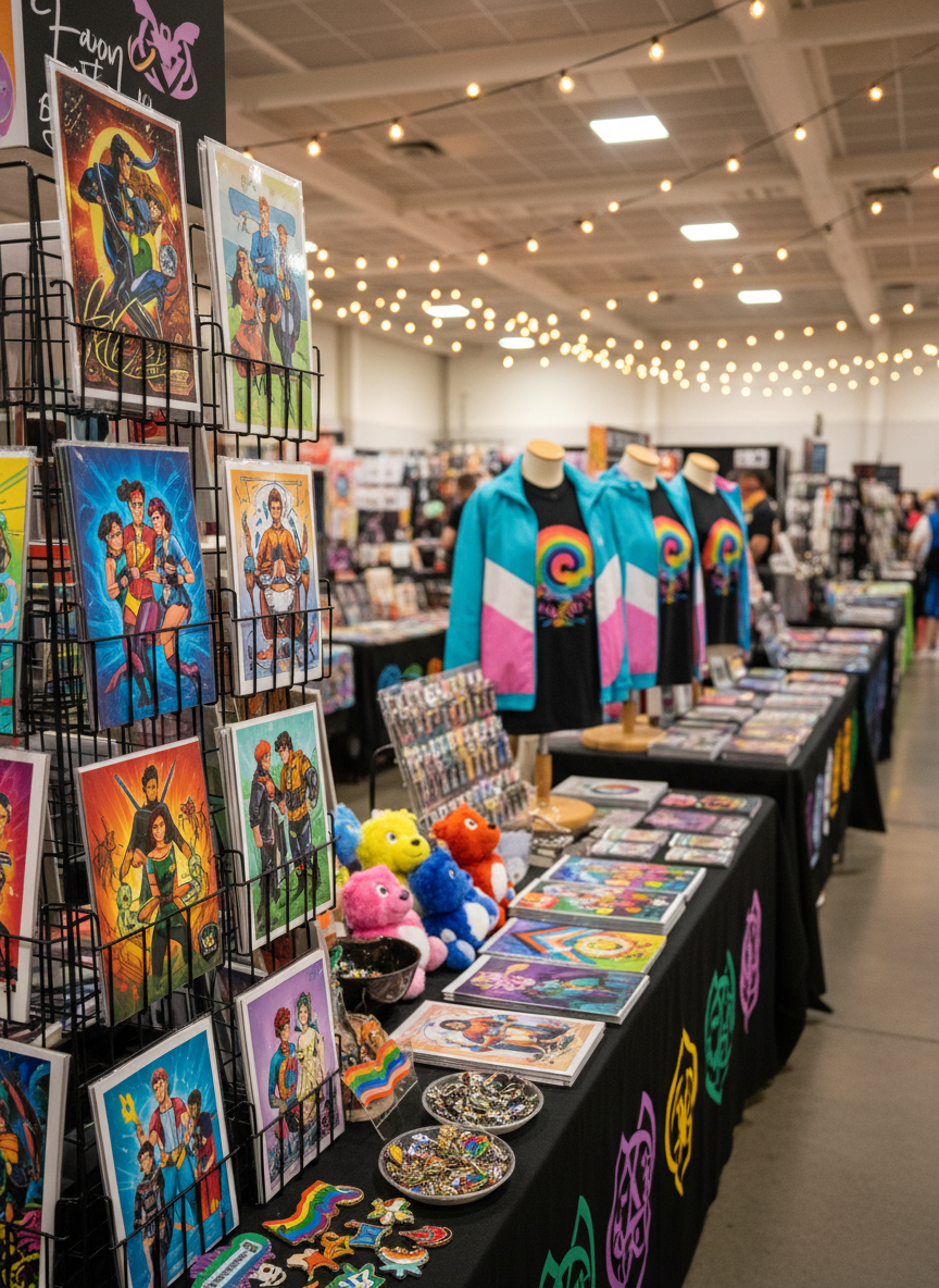 A vibrant creator alley scene inside RainbowCon, depicted in crisp photographic realism. Long rows of black-draped tables are covered with neatly arranged fan art prints, enamel pins, plush mascots, and zines, all showcasing stylized LGBTQ+ superheroes, magical couples, and sci-fi crews. Headless torso mannequins display bold graphic tees and cosplay jackets, each with rainbow gradients, trans flag color blocking, and interwoven fantasy insignias instead of logos. Overhead string lights and soft, diffused ceiling panels bathe the scene in a warm, inviting glow. The camera is positioned at eye level with a shallow depth of field, focusing on a foreground print rack while the rest of the alley recedes into a soft blur of color. The mood is buzzing yet cozy, celebrating diverse LGBTQ+ creators and their work without any human figures or readable text.