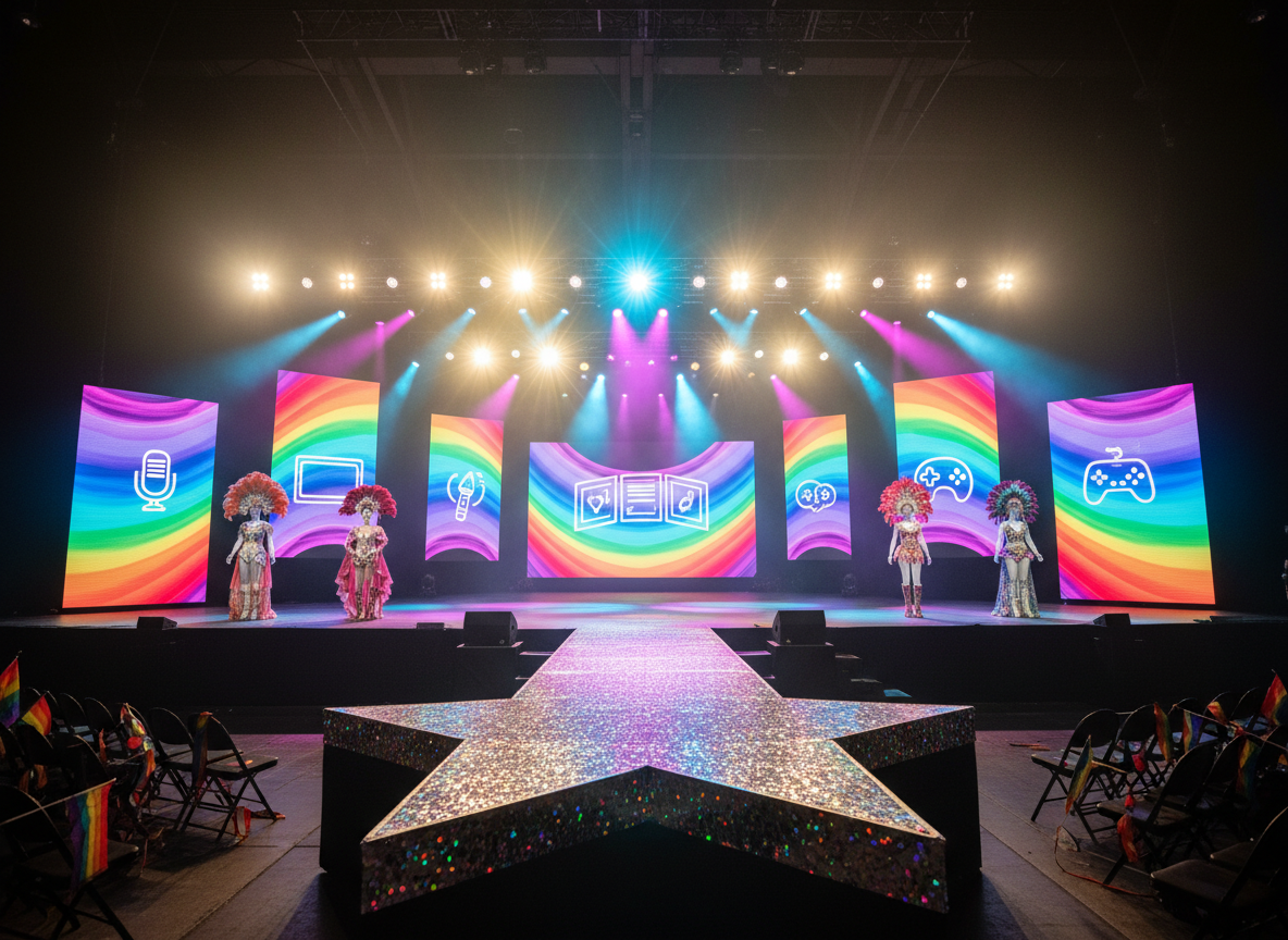 A main stage at RainbowCon captured in photographic realism, with an expansive, elevated platform framed by towering LED screens displaying abstract rainbow waves and stylized icons of microphones, comic panels, and game controllers. At center stage stands an ornate, empty drag runway shaped like a starburst, gleaming with sequins and reflective tiles. Feathered headdresses and glittering costume pieces hang on minimal, faceless mannequin forms at the wings, suggesting diverse creators and performers. Intense, colorful stage lights in magenta, cyan, and gold slice through a light theatrical haze, creating dramatic beams and lens flares. Shot from a slightly low angle to emphasize grandeur, the composition focuses on the runway and glowing backdrop, while the audience area appears as a dark, blurred sea of chairs and rainbow flags, hinting at crowd energy without showing actual people.