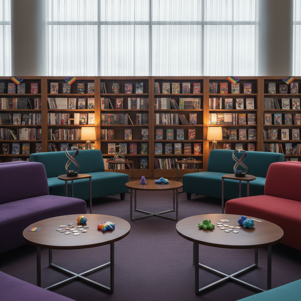 A dedicated quiet lounge area at RainbowCon designed as a sanctuary within the convention, shown in soft photographic realism. Plush modular couches in rich jewel tones—amethyst, teal, and ruby—surround low circular tables with scattered enamel pins and rainbow-themed stress toys. Shelves lined with graphic novels and indie comics featuring LGBTQ+ storylines form a cozy backdrop. Floor-to-ceiling windows let in gentle, overcast daylight, softened by sheer curtains in subtle gradient hues. Small, abstract sculptures resembling intertwined pride flags sit on side tables, symbolizing connection without text or human figures. The camera frames the space at eye level with balanced, symmetrical composition, capturing the calm, supportive atmosphere. Soft shadows and warm accent lamps contribute to a soothing, inclusive mood, contrasting with the high-energy main halls while still clearly belonging to the same bold convention world.