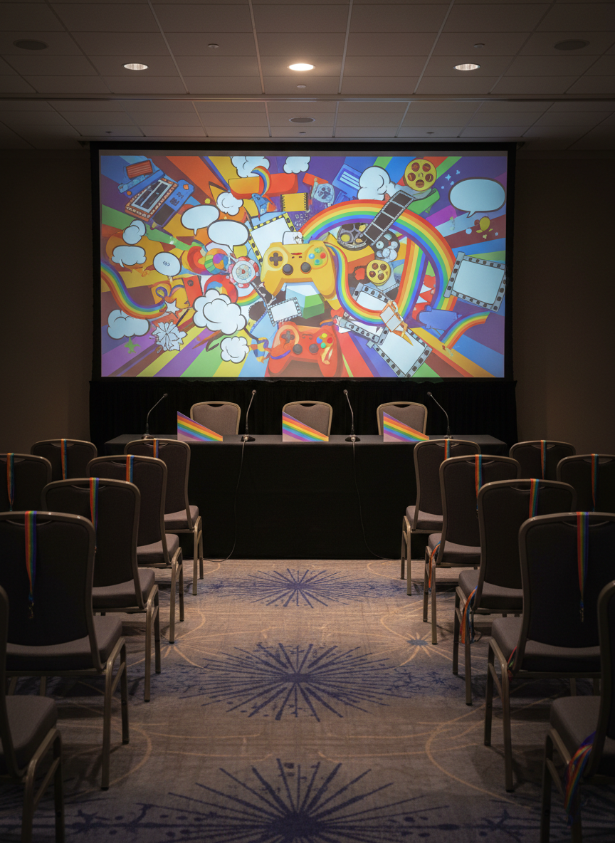 An intimate RainbowCon panel room rendered in detailed photographic realism. At the front, a long, sleek table holds multiple microphones and colorful, geometric name placards deliberately designed without readable text. Behind it, a large projection screen displays a vibrant abstract collage of comic speech bubbles, game controllers, and film reels woven through with rainbow ribbons. Rows of empty, neatly aligned chairs stretch toward the camera, each with a small pride-colored lanyard draped over the back, suggesting attendees without showing them. Overhead recessed lighting provides even illumination, while a single spotlight gently highlights the panel table, casting soft shadows on the carpet patterned with subtle starbursts. Shot from the aisle at a slightly elevated angle, the composition leads the eye toward the stage, evoking anticipation of thoughtful LGBTQ+ pop culture discussions and creator spotlights without any visible people.