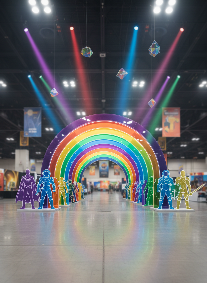 A vast convention hall transformed into a radiant RainbowCon entrance, anchored by a towering, multi-arched rainbow gateway made from glossy, translucent panels that subtly glow from within. Oversized, stylized silhouettes of caped heroes, space explorers, and fantasy knights line the sides, each rendered as colorful cutout figures without facial features. Overhead, suspended prism-shaped decor scatters soft, spectral reflections across polished concrete floors. Dramatic, colorful spotlights from the ceiling create bold beams through a faint haze, emphasizing depth and energy. Photographic realism with a wide-angle, eye-level composition captures the scale and excitement, while the distant background fades into a soft bokeh of vibrant booths and banners, evoking the electric anticipation of the world’s largest LGBTQ+ pop culture convention without depicting any people or text.